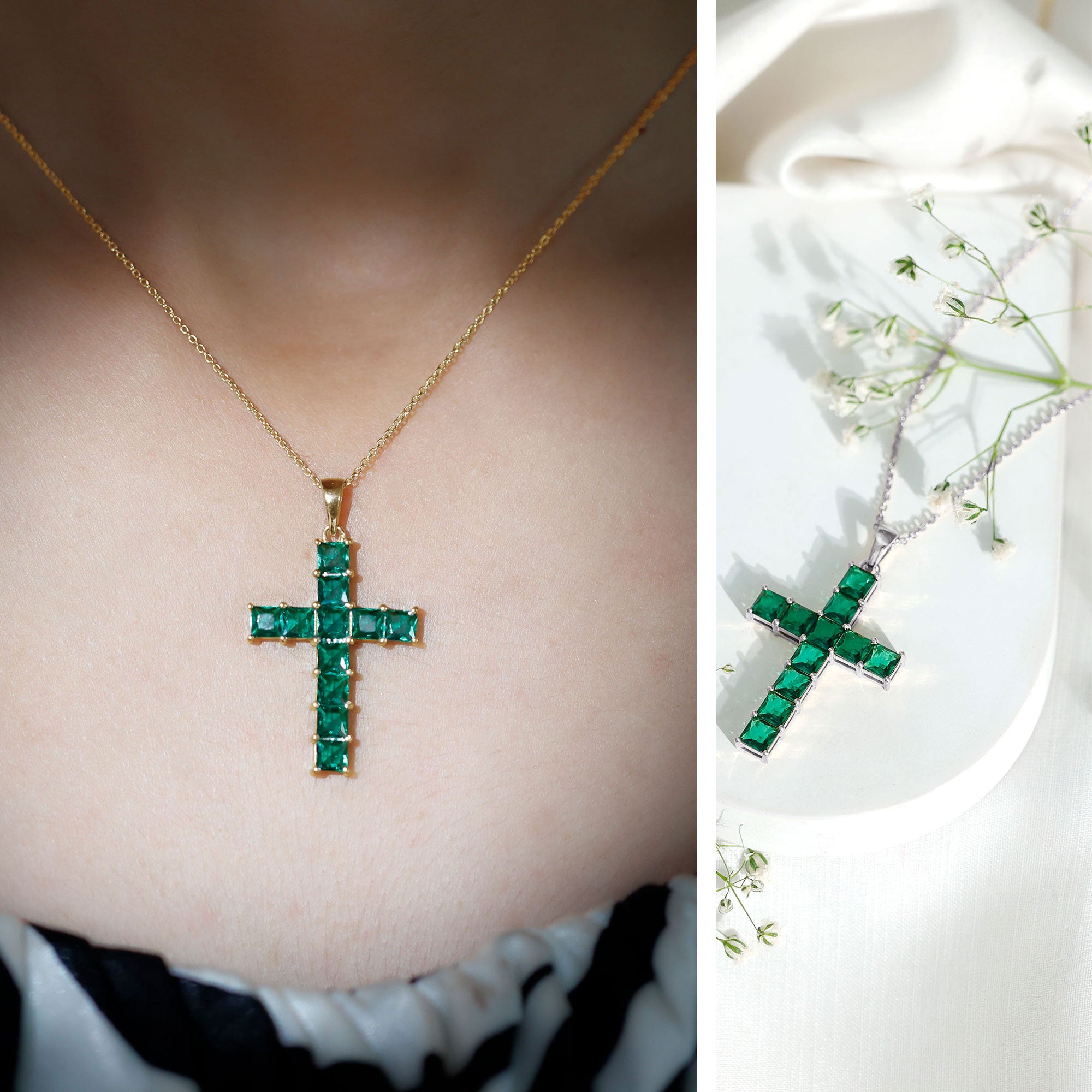 Princess Cut Lab Created Emerald Cross Pendant Necklace – Rosec Jewels