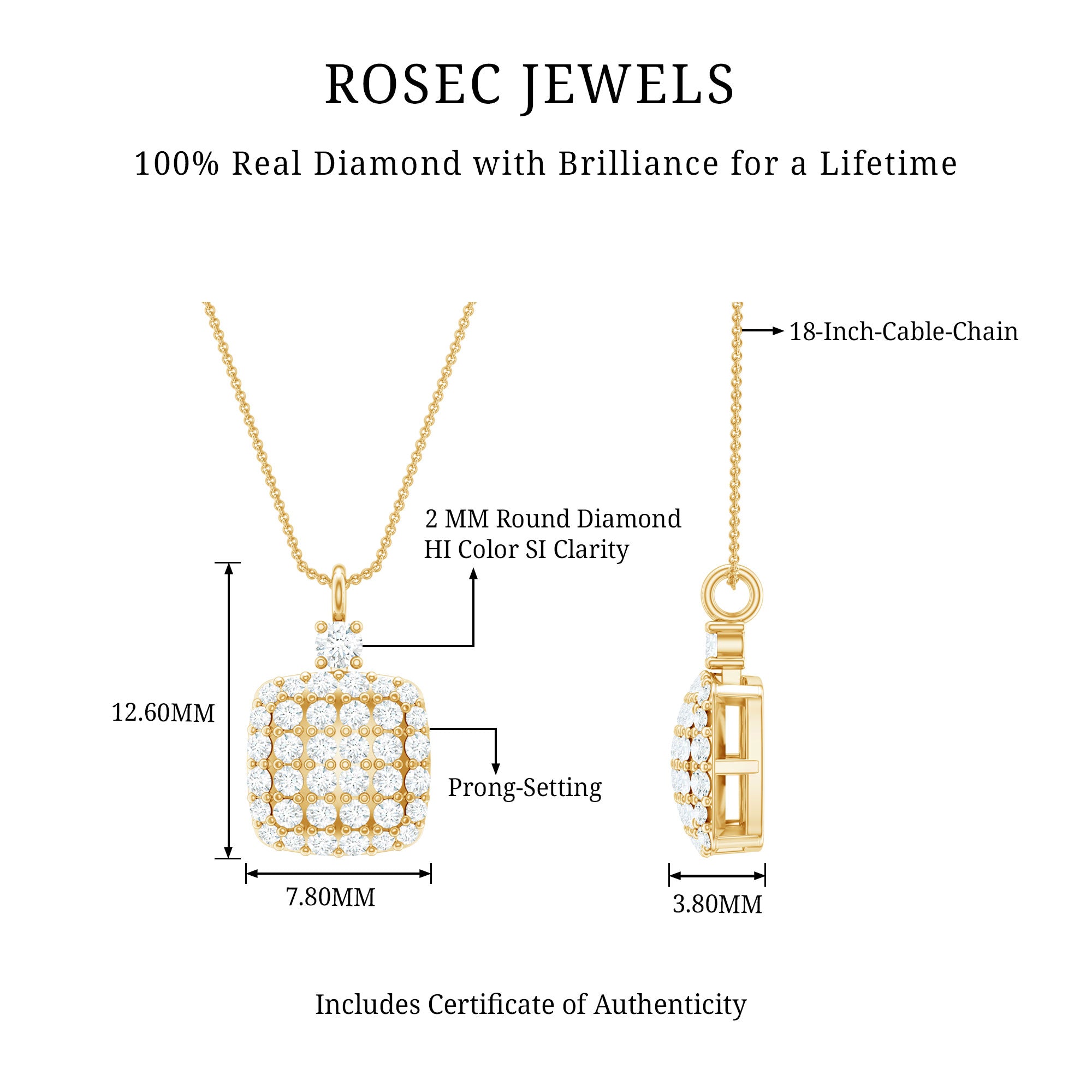 Certified Brilliant Cut Diamond Pendant Necklace Natural - ( HI-SI ) - Rosec Jewels