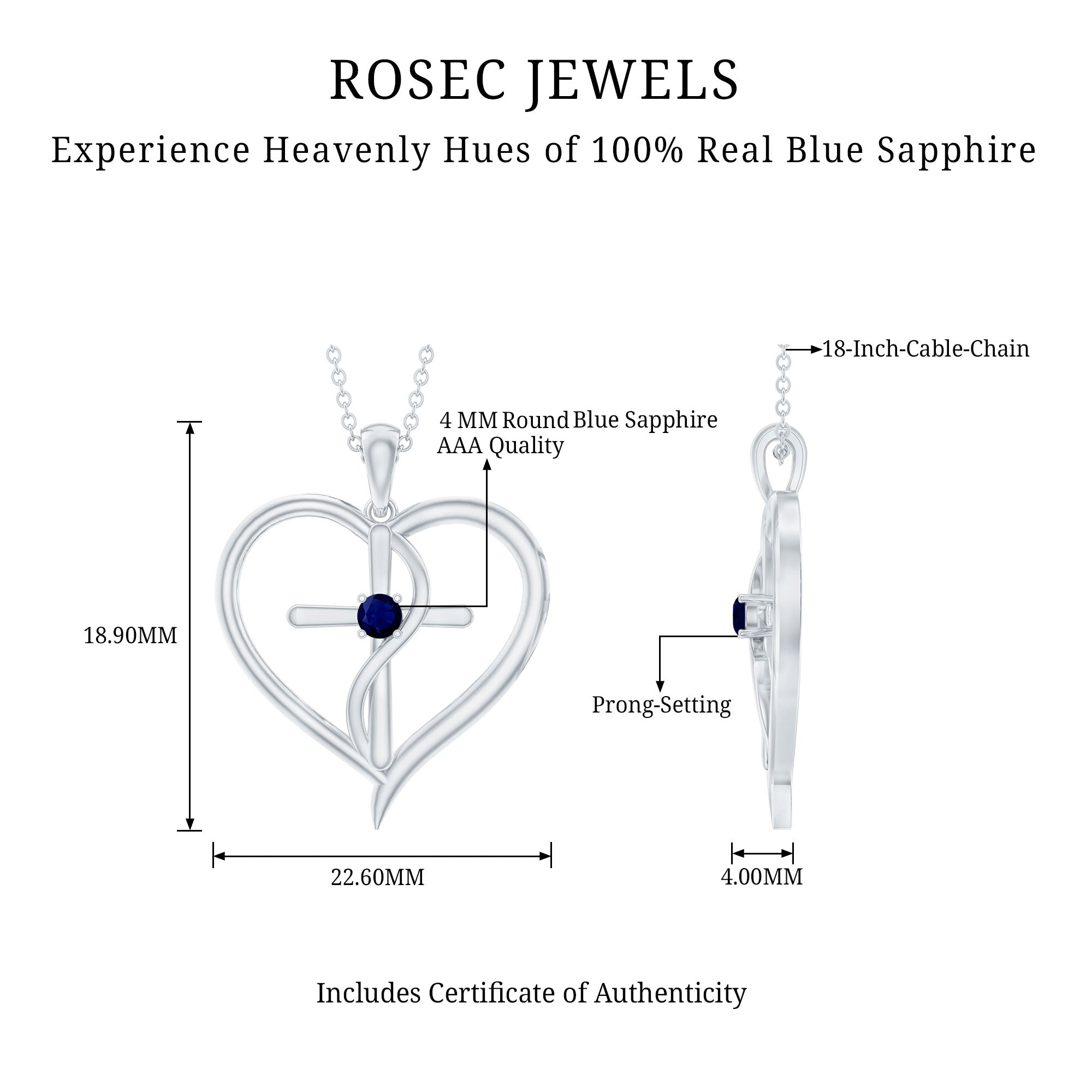 Natural Blue Sapphire Heart Cross Necklace in 14k Gold Plated Silver AAA 92.5 Sterling Silver - Rosec Jewels