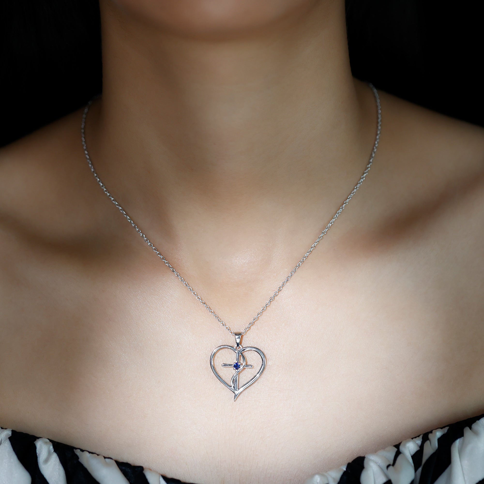 Natural Blue Sapphire Heart Cross Necklace in 14k Gold Plated Silver AAA 92.5 Sterling Silver - Rosec Jewels