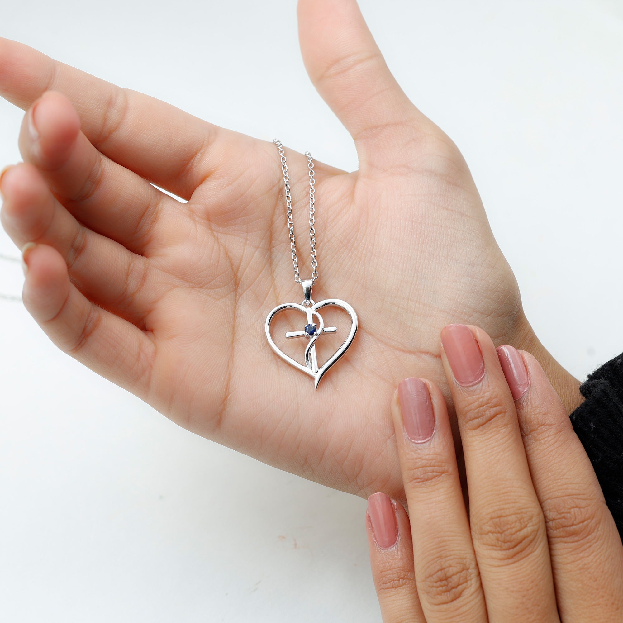 Natural Blue Sapphire Heart Cross Necklace in 14k Gold Plated Silver AAA 92.5 Sterling Silver - Rosec Jewels