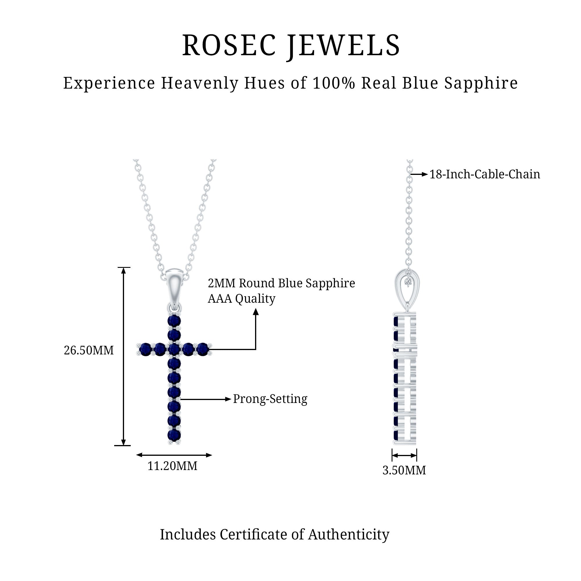 Genuine Blue Sapphire Cross Pendant Necklace with Chain – Rosec Jewels