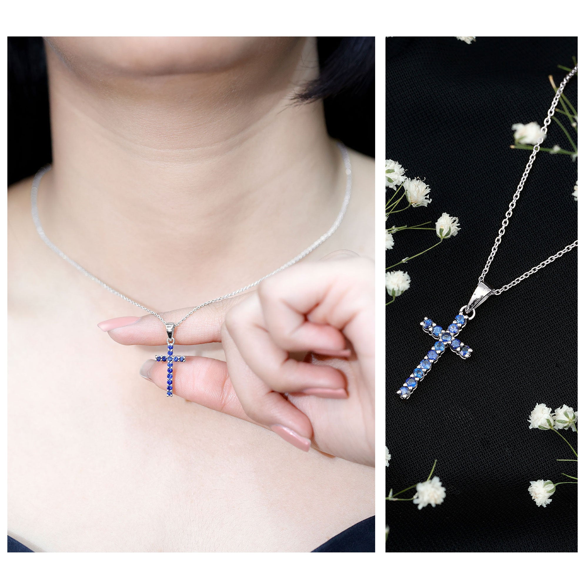 Genuine Blue Sapphire Cross Pendant Necklace with Chain – Rosec Jewels