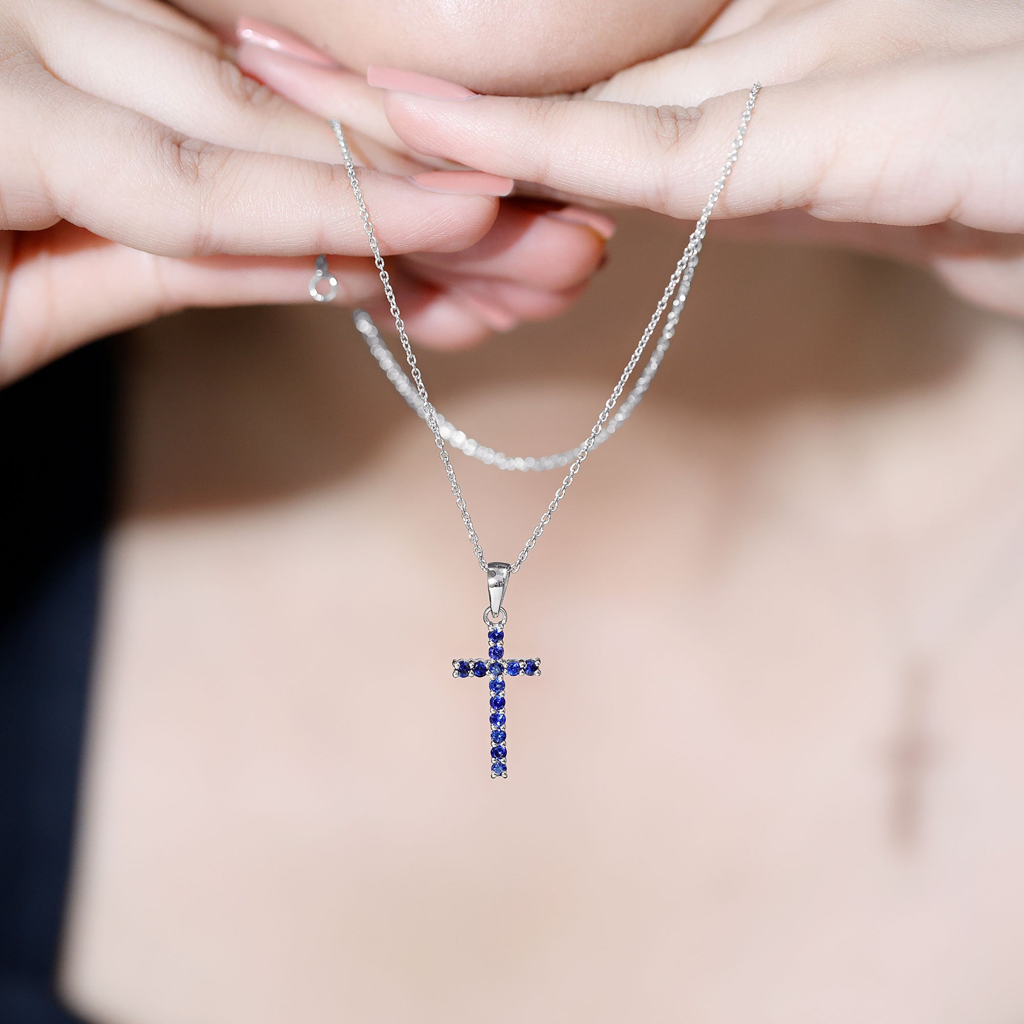 Genuine Blue Sapphire Cross Pendant Necklace with Chain – Rosec Jewels
