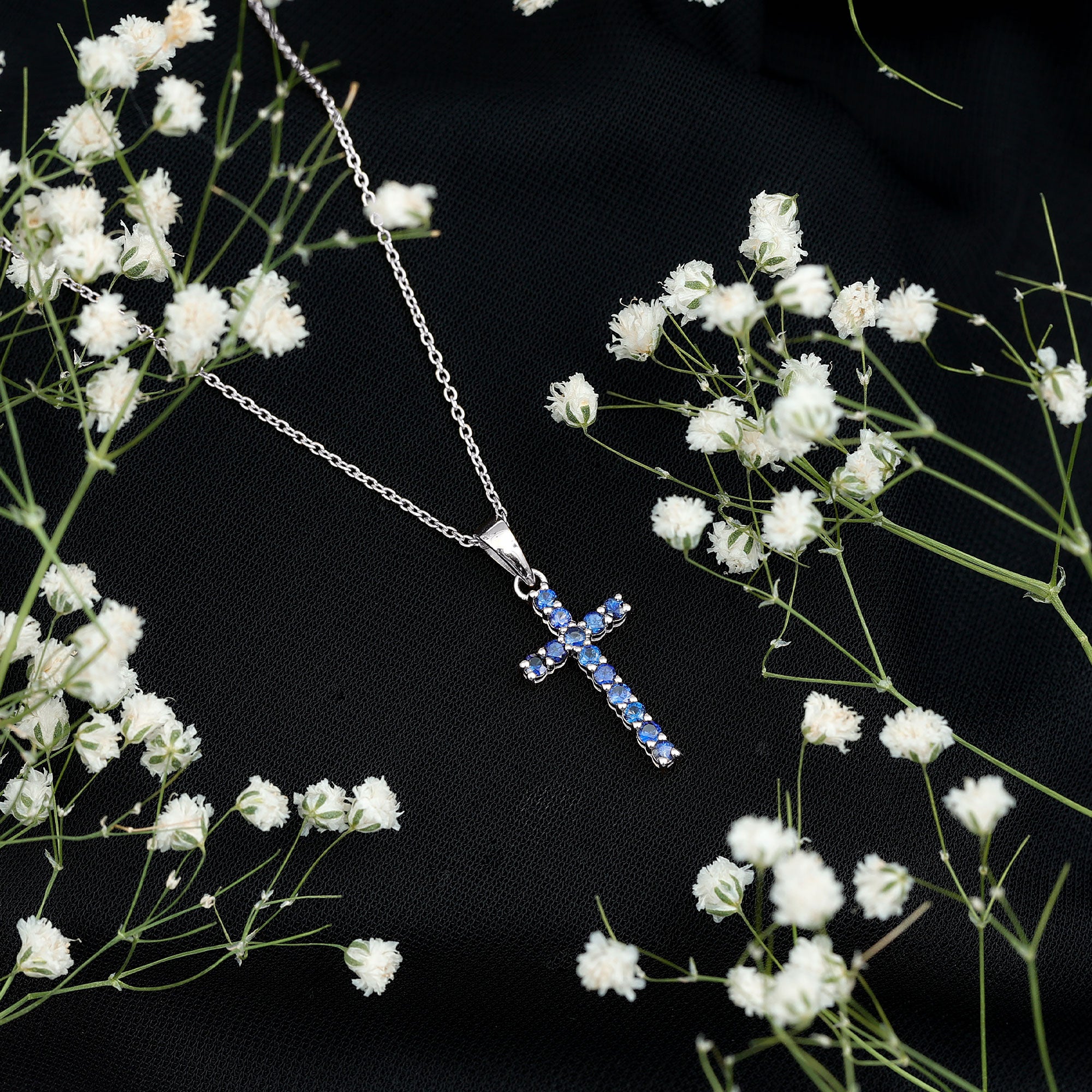 Genuine Blue Sapphire Cross Pendant Necklace with Chain – Rosec Jewels
