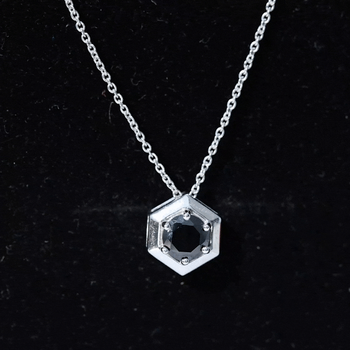 Round Created Black Diamond Gold Hexagon Pendant Necklace Lab Created Black Diamond - ( AAAA ) - Quality - Rosec Jewels