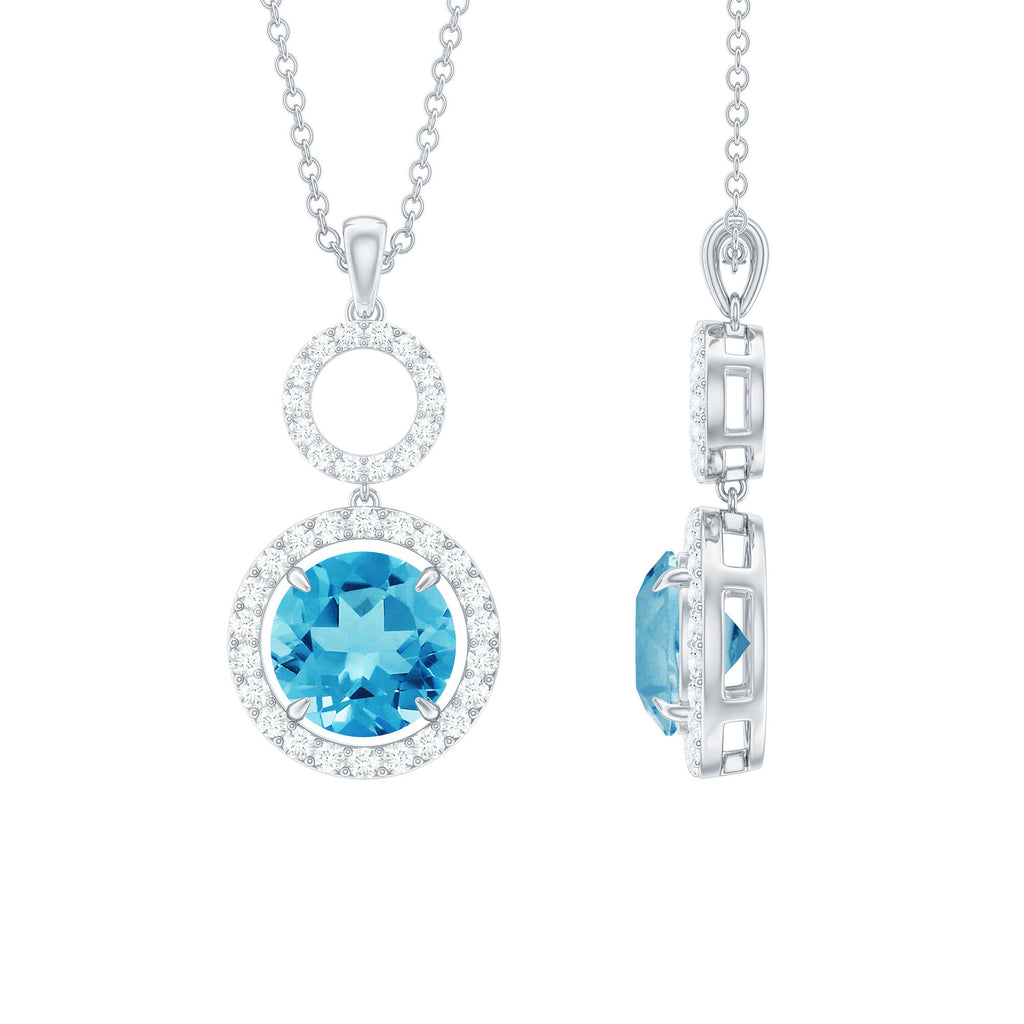 Round Swiss Blue Topaz Dangle Pendant with Diamond Halo Swiss Blue Topaz - ( AAA ) - Quality - Rosec Jewels