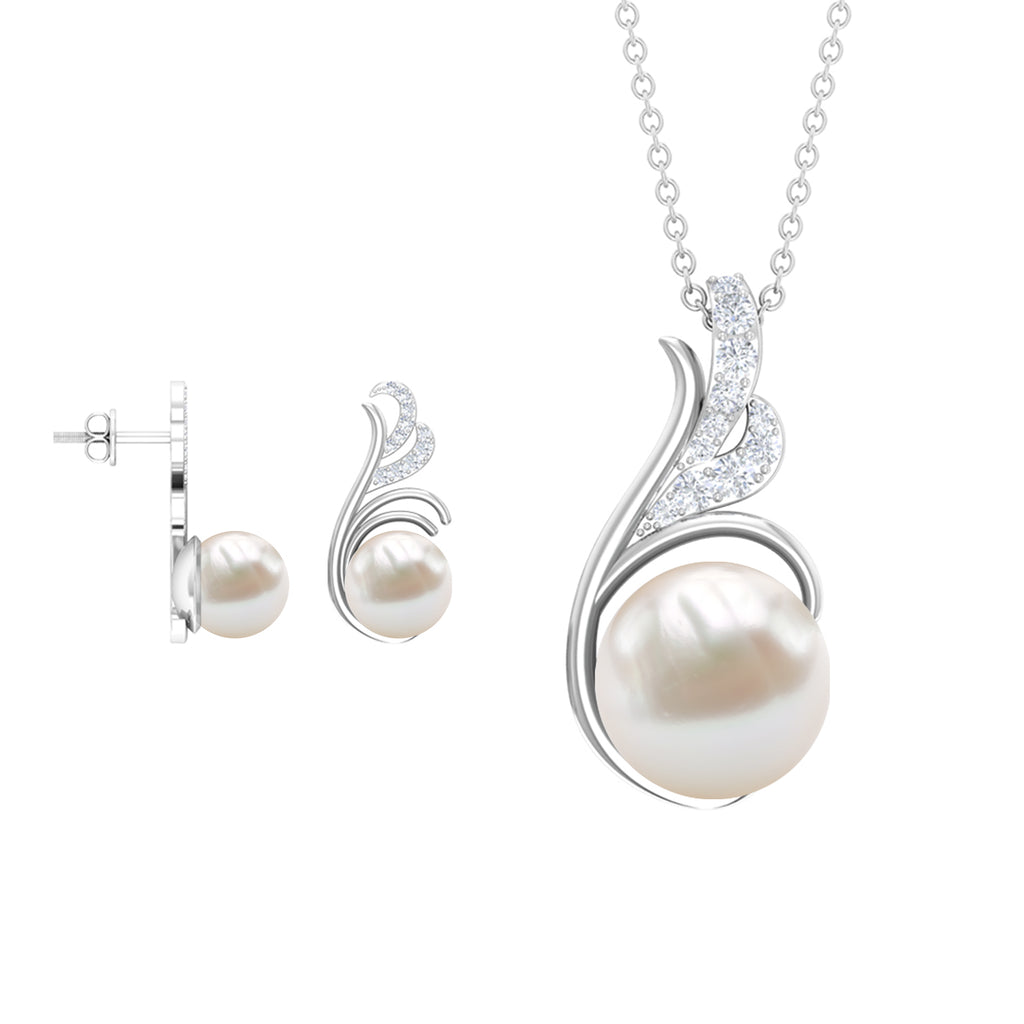 Freshwater Pearl and Diamond Designer Jewelry Set Freshwater Pearl - ( AAA ) - Quality - Rosec Jewels