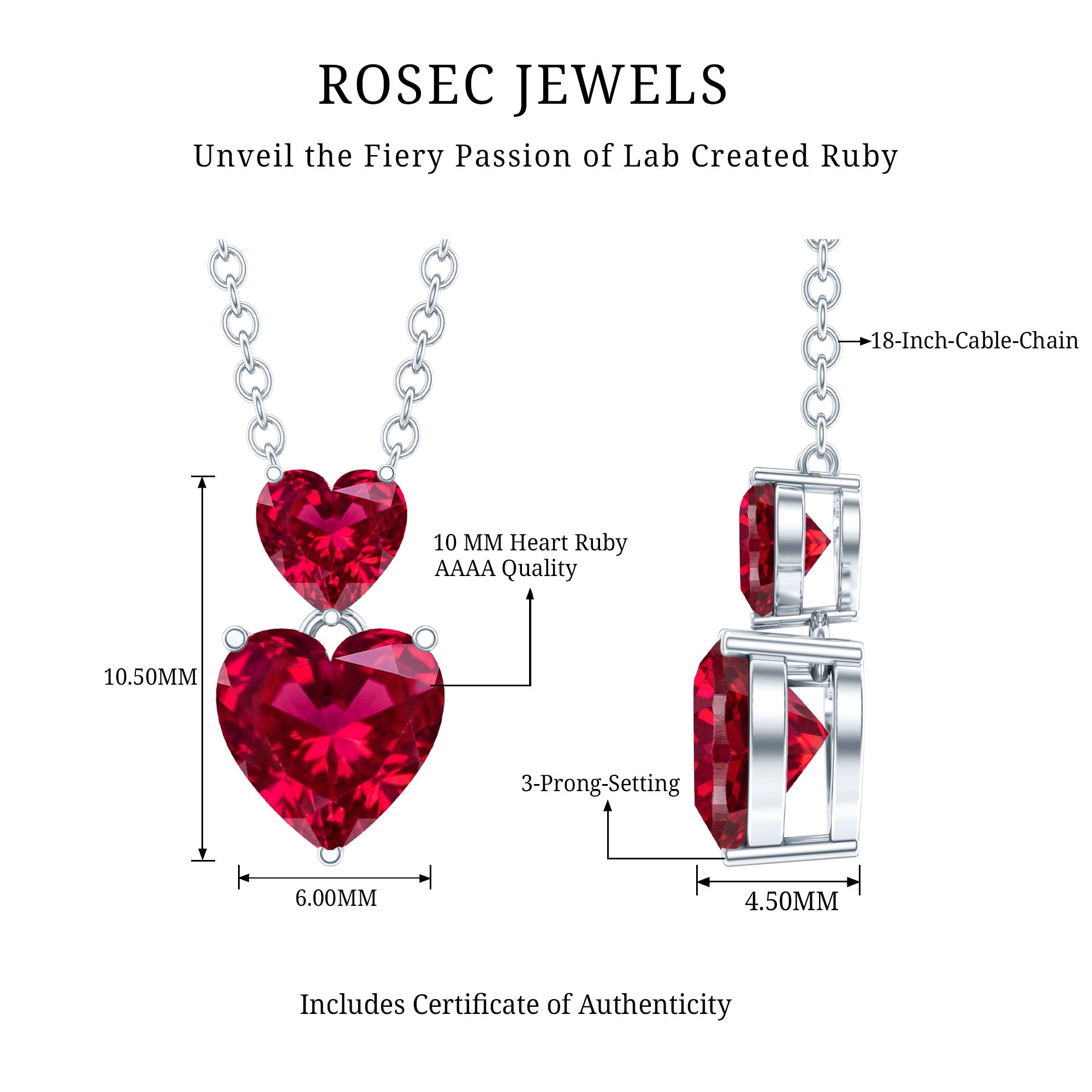 Certified 5.5 Carat Lab Created Ruby Heart Necklace with Silver Chain AAAA 92.5 Sterling Silver - Rosec Jewels