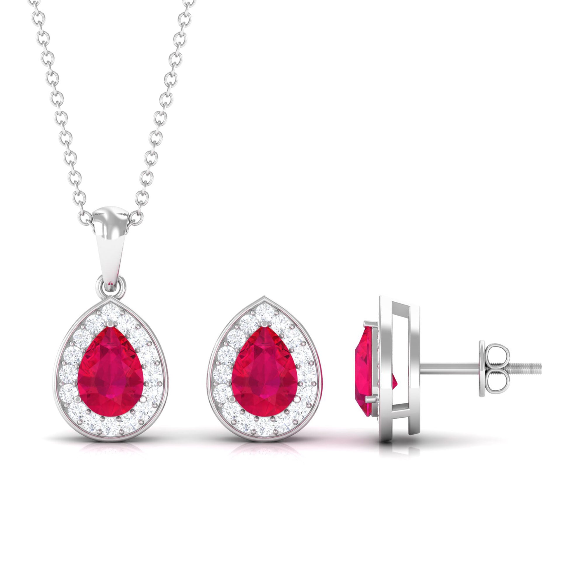 3.25 CT Pear Cut Ruby and Moissanite Pendant and Earring Set Ruby - ( AAA ) - Quality - Rosec Jewels