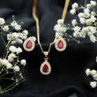 Genuine 2.6 Carat Pear Cut Ruby and Moissanite Halo Pendant and Earrings Set AAA - Rosec Jewels