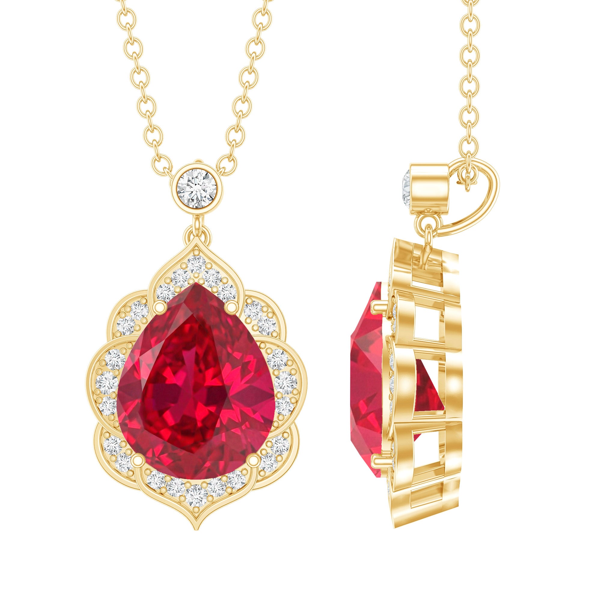 Certified 3 Carat Lab Grown Ruby and Diamond Vintage Necklace AAAA 14K Yellow Gold Plated Silver - Rosec Jewels