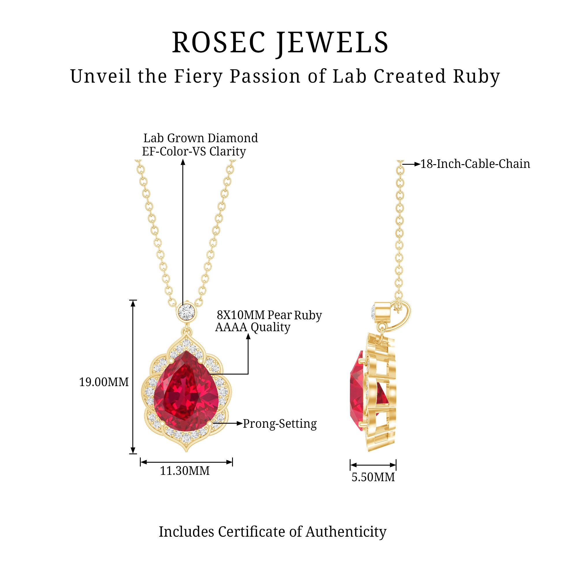 Certified 3 Carat Lab Grown Ruby and Diamond Vintage Necklace AAAA 14K Yellow Gold Plated Silver - Rosec Jewels