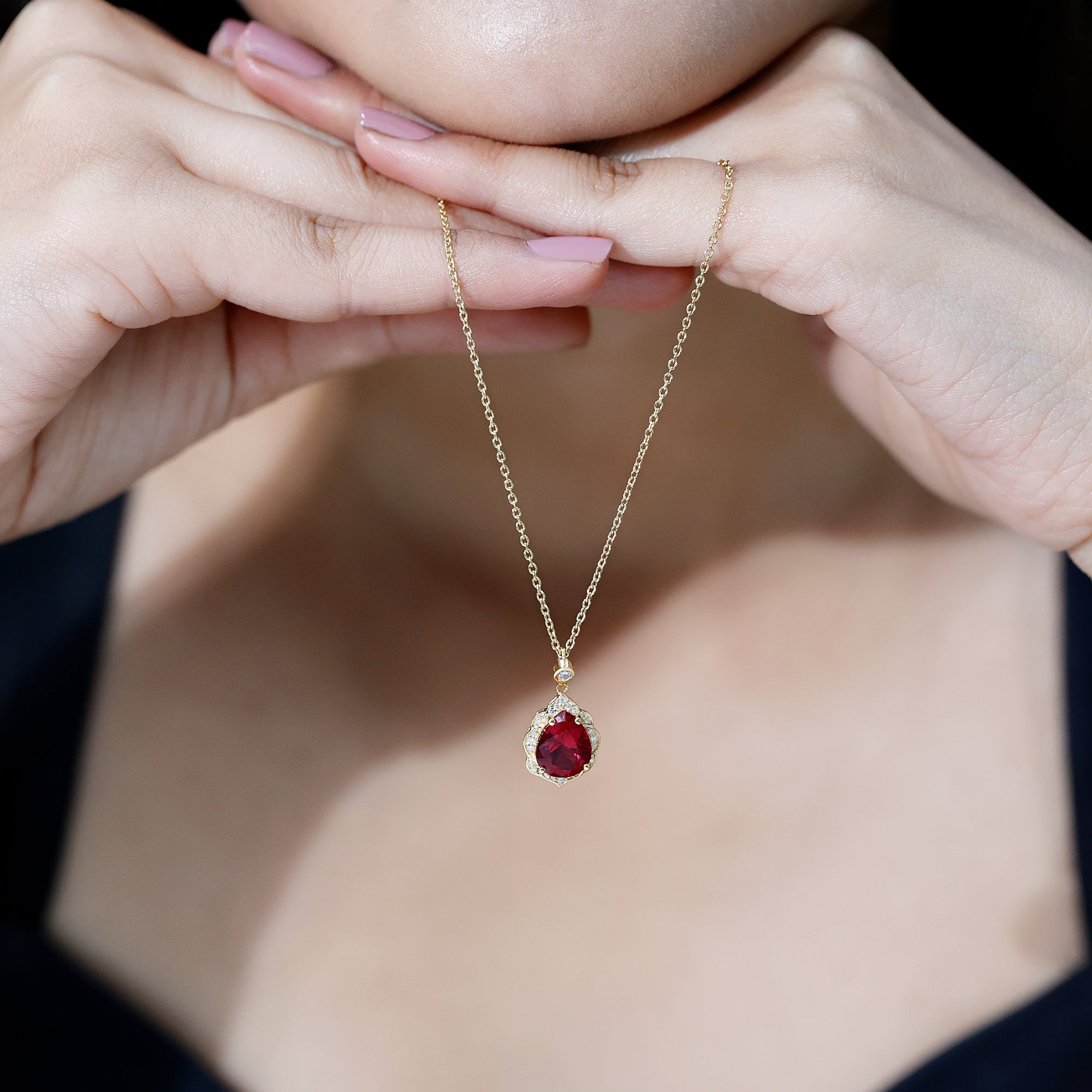 Certified 3 Carat Lab Grown Ruby and Diamond Vintage Necklace AAAA 14K Yellow Gold Plated Silver - Rosec Jewels