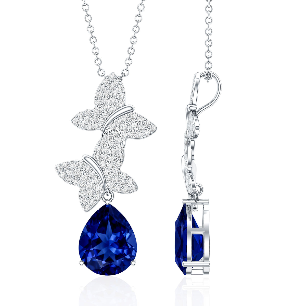 Lab Grown Blue Sapphire Butterflies Pendant Necklace with Diamond AAAA - Rosec Jewels