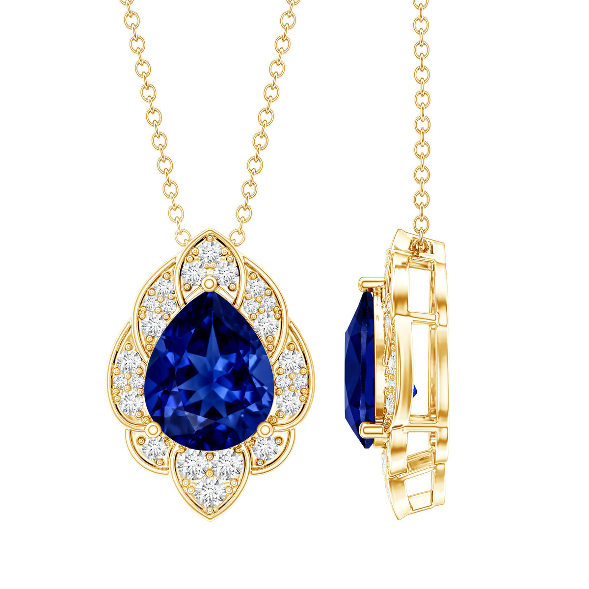 Certified Lab Grown Blue Sapphire Petal Necklace with Diamond AAAA - Rosec Jewels