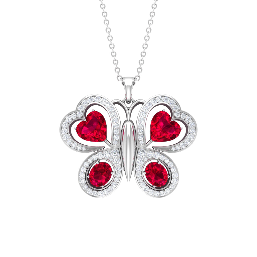 Certified Created Ruby Butterfly Pendant Necklace with Moissanite Lab Created Ruby - ( AAAA ) - Quality - Rosec Jewels