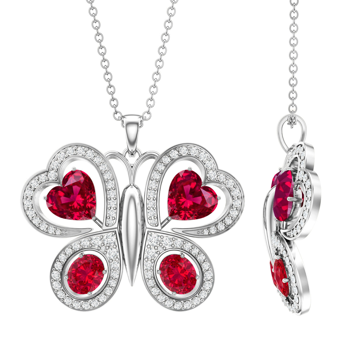 Certified Created Ruby Butterfly Pendant Necklace with Moissanite AAAA - Rosec Jewels