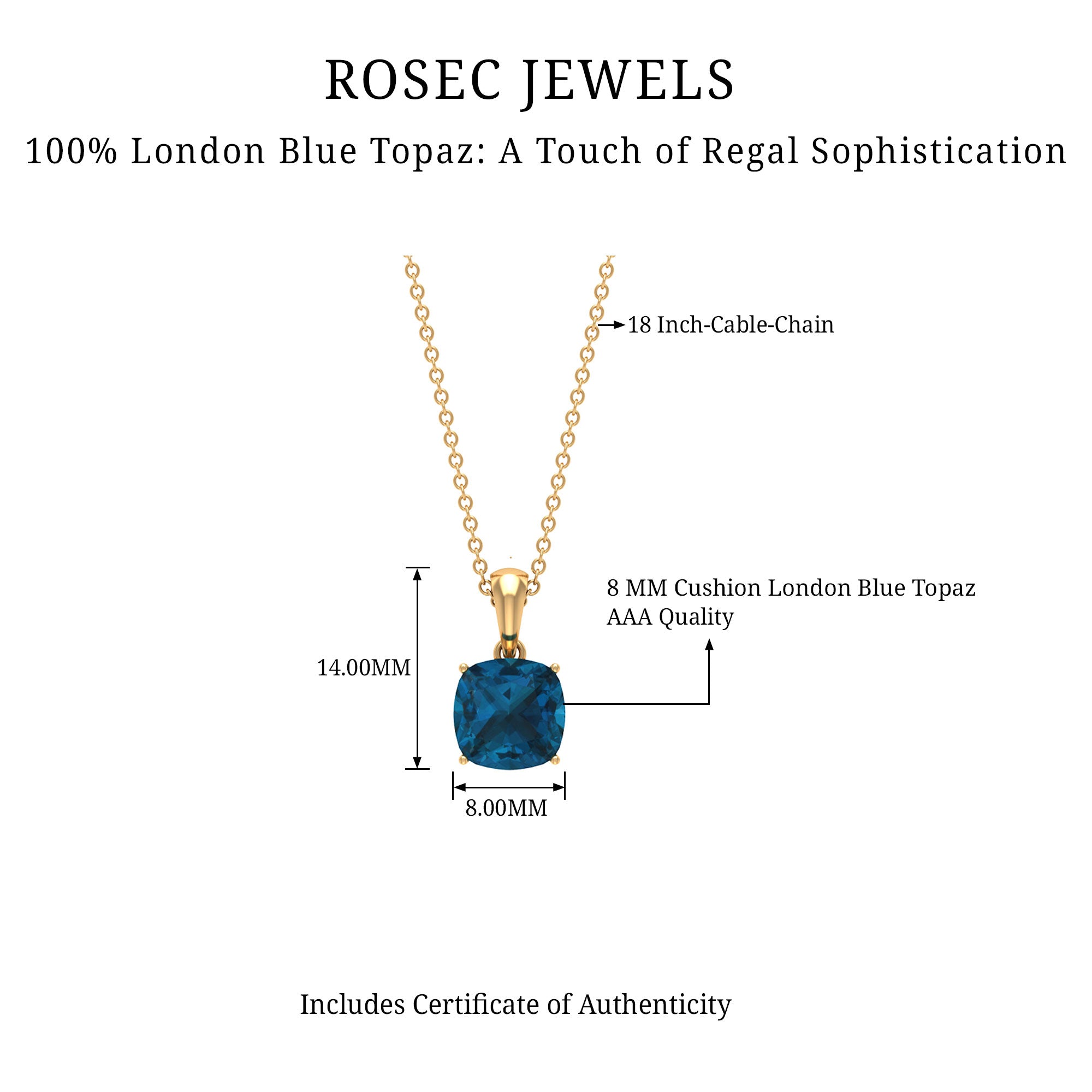 2 CT Cushion Cut London Blue Topaz Solitaire Pendant London Blue Topaz - ( AAA ) - Quality - Rosec Jewels