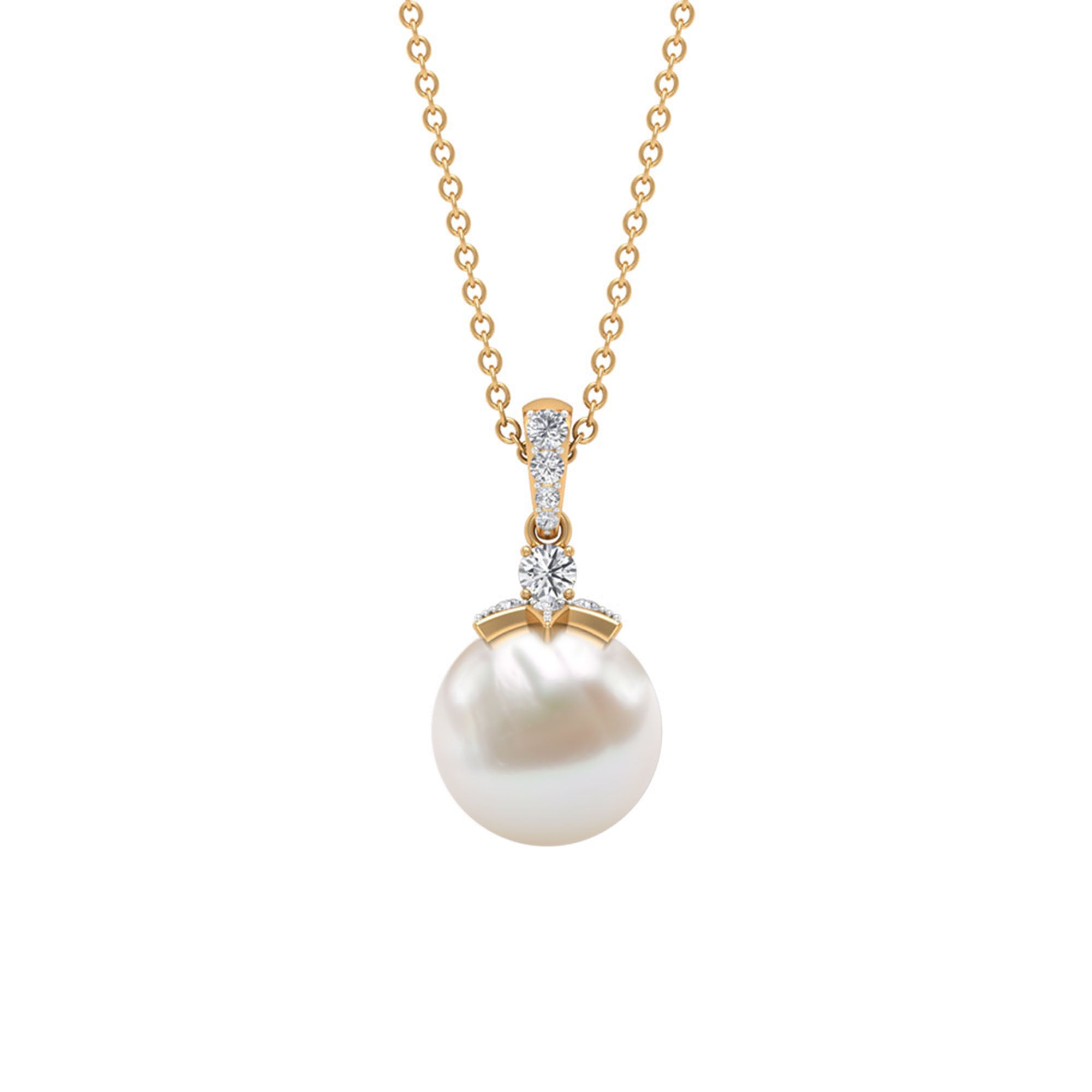 Real Freshwater Pearl and Diamond Drop Pendant Necklace Freshwater Pearl - ( AAA ) - Quality - Rosec Jewels