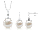 Real Freshwater Pearl and Diamond Drop Pendant and Earrings Set Freshwater Pearl - ( AAA ) - Quality - Rosec Jewels