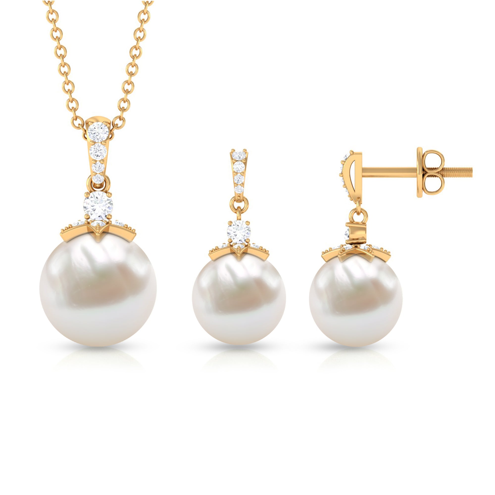 Real Freshwater Pearl and Diamond Drop Pendant and Earrings Set Freshwater Pearl - ( AAA ) - Quality - Rosec Jewels