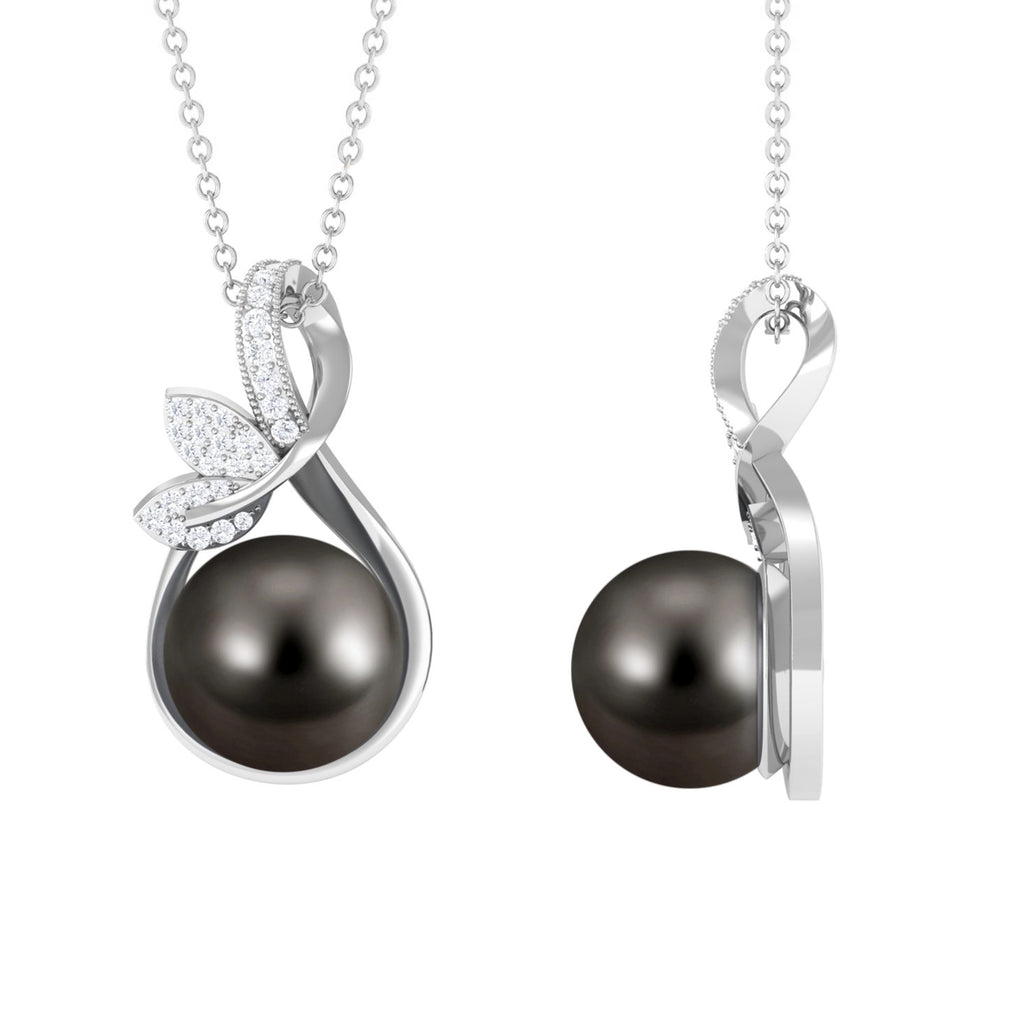 Tahitian Pearl and Diamond Minimal Pendant with Leaf Motif Tahitian pearl - ( AAA ) - Quality - Rosec Jewels