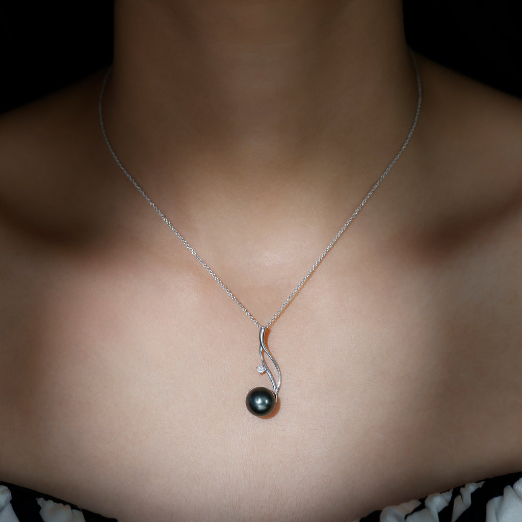 Classic Tahitian Pearl and Moissanite Drop Pendant with Hidden Bail Tahitian pearl - ( AAA ) - Quality - Rosec Jewels