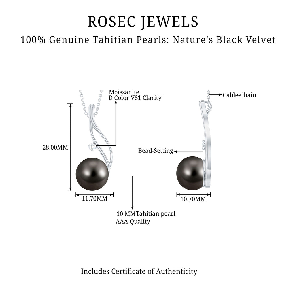 Classic Tahitian Pearl and Moissanite Drop Pendant with Hidden Bail Tahitian pearl - ( AAA ) - Quality - Rosec Jewels