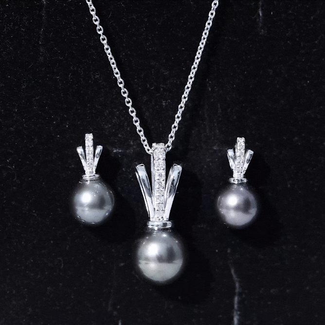 Tahitian Pearl and Diamond Drop Jewelry Set Tahitian pearl - ( AAA ) - Quality - Rosec Jewels
