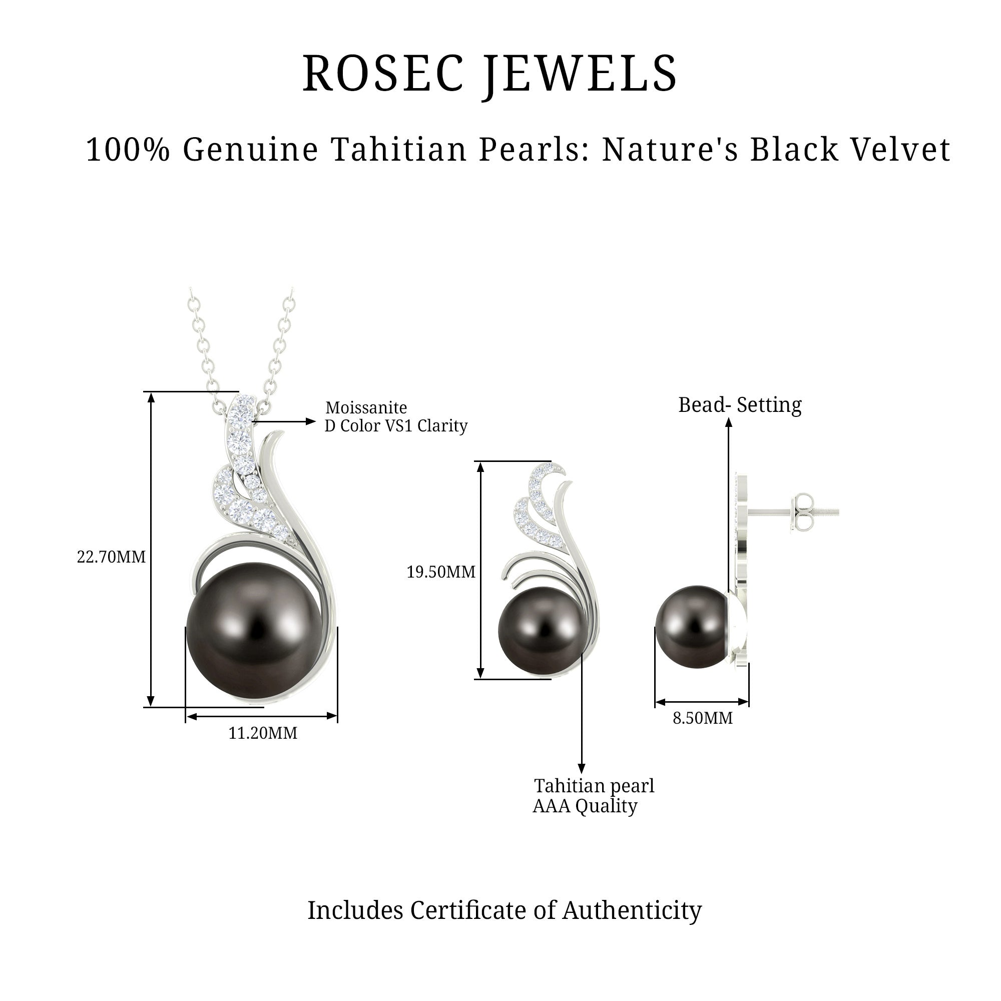 Designer Jewelry Set with Tahitian Pearl and Moissanite Tahitian pearl - ( AAA ) - Quality - Rosec Jewels