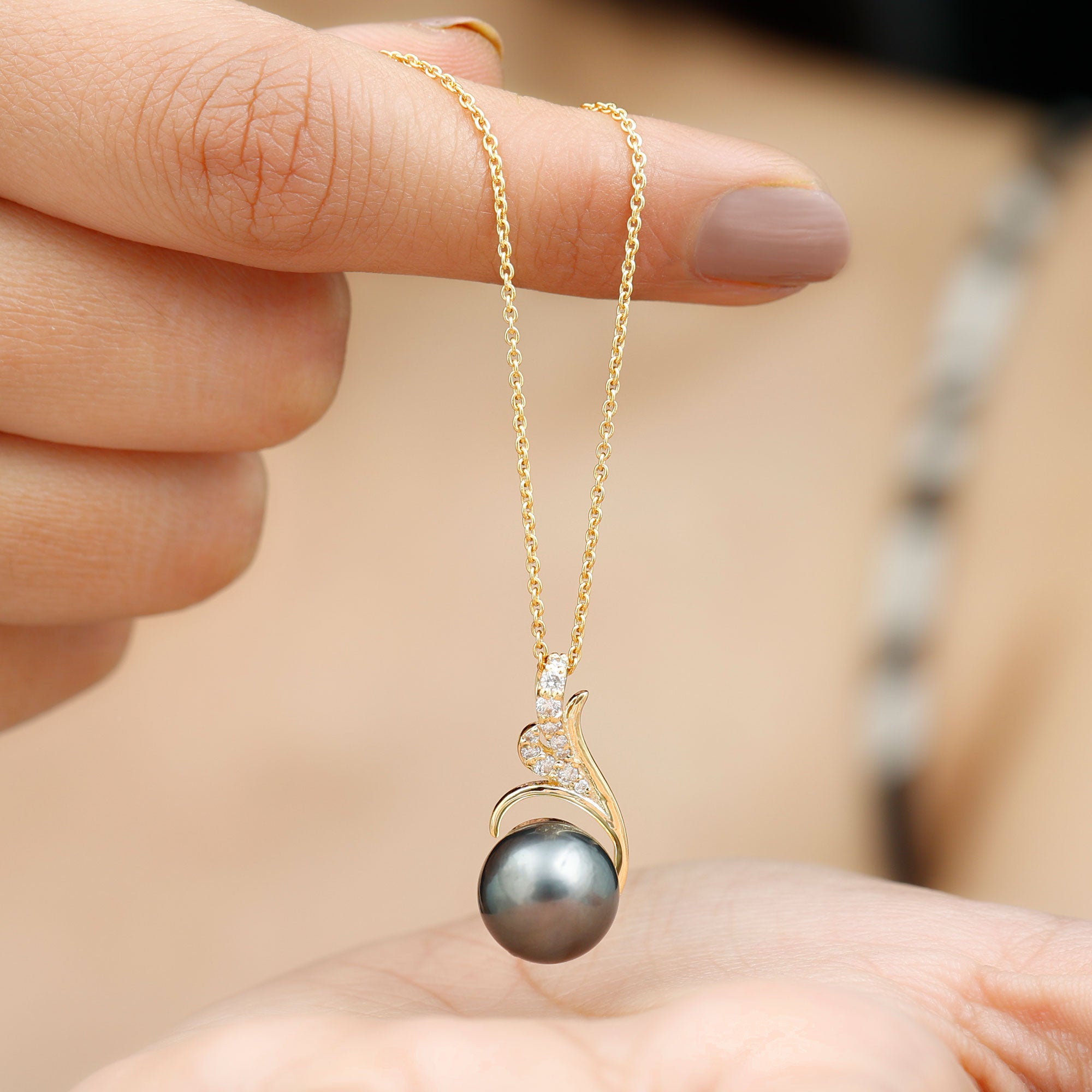 Elegant Black Tahitian Pearl Designer Pendant with Diamond Tahitian pearl - ( AAA ) - Quality - Rosec Jewels