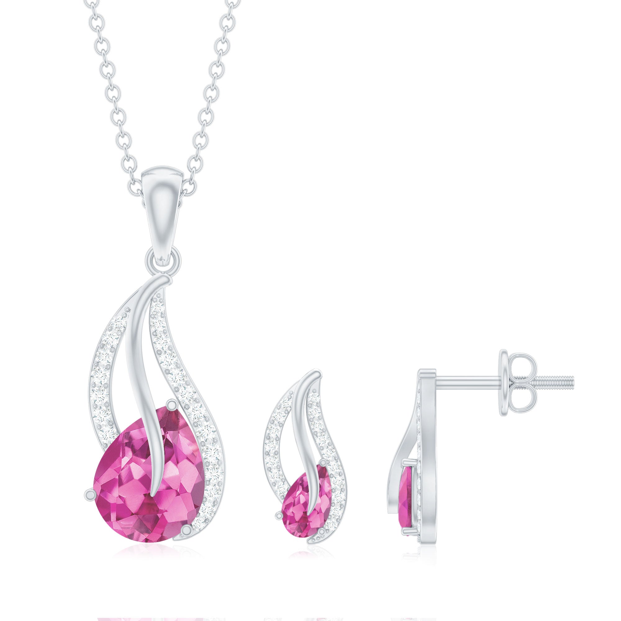 Pear Shaped Pink Tourmaline and Diamond Leaf Jewelry Set AAA - Rosec Jewels