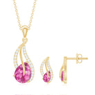 Pear Shaped Pink Tourmaline and Diamond Leaf Jewelry Set AAA - Rosec Jewels