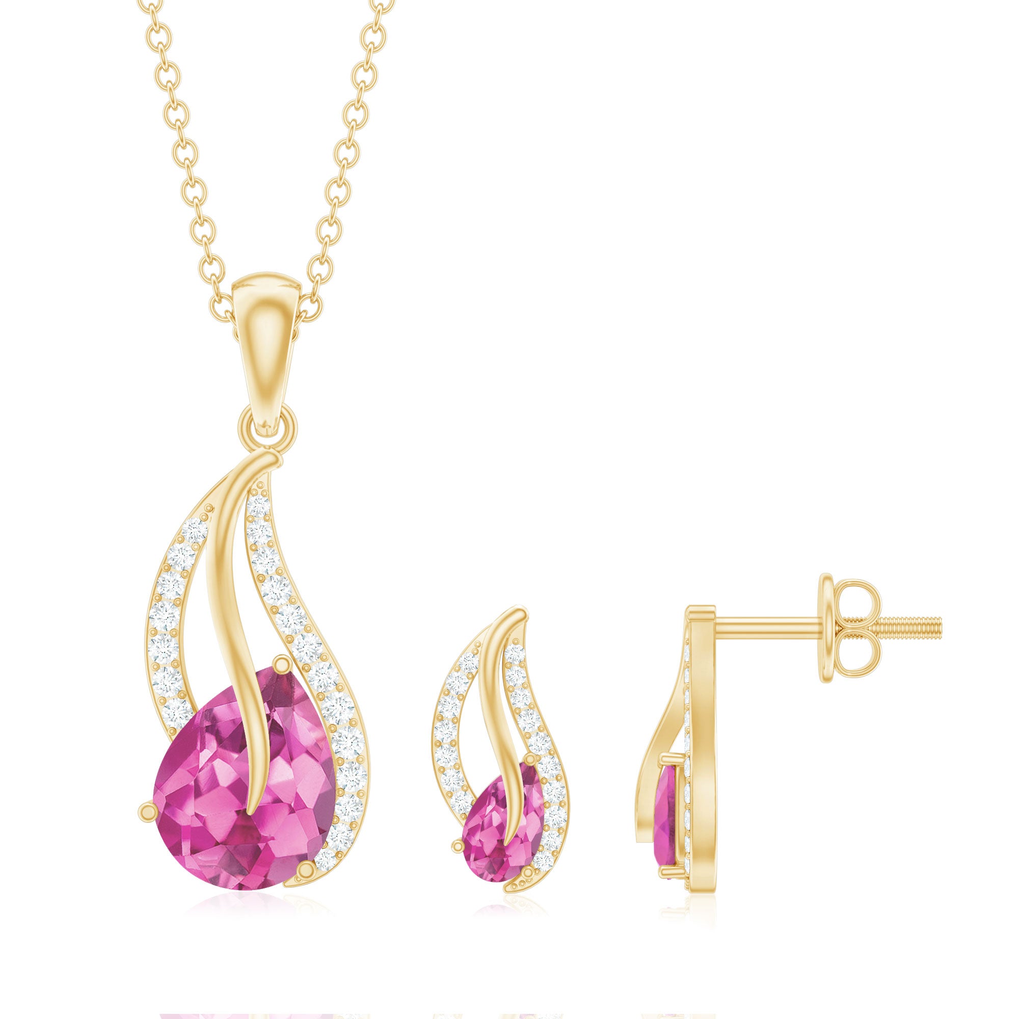 Pear Shaped Pink Tourmaline and Diamond Leaf Jewelry Set AAA - Rosec Jewels