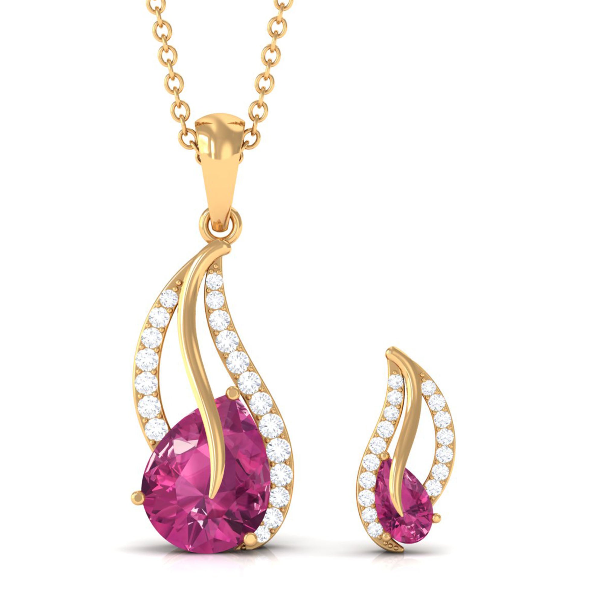 Pear Shaped Pink Tourmaline and Diamond Leaf Jewelry Set AAA - Rosec Jewels