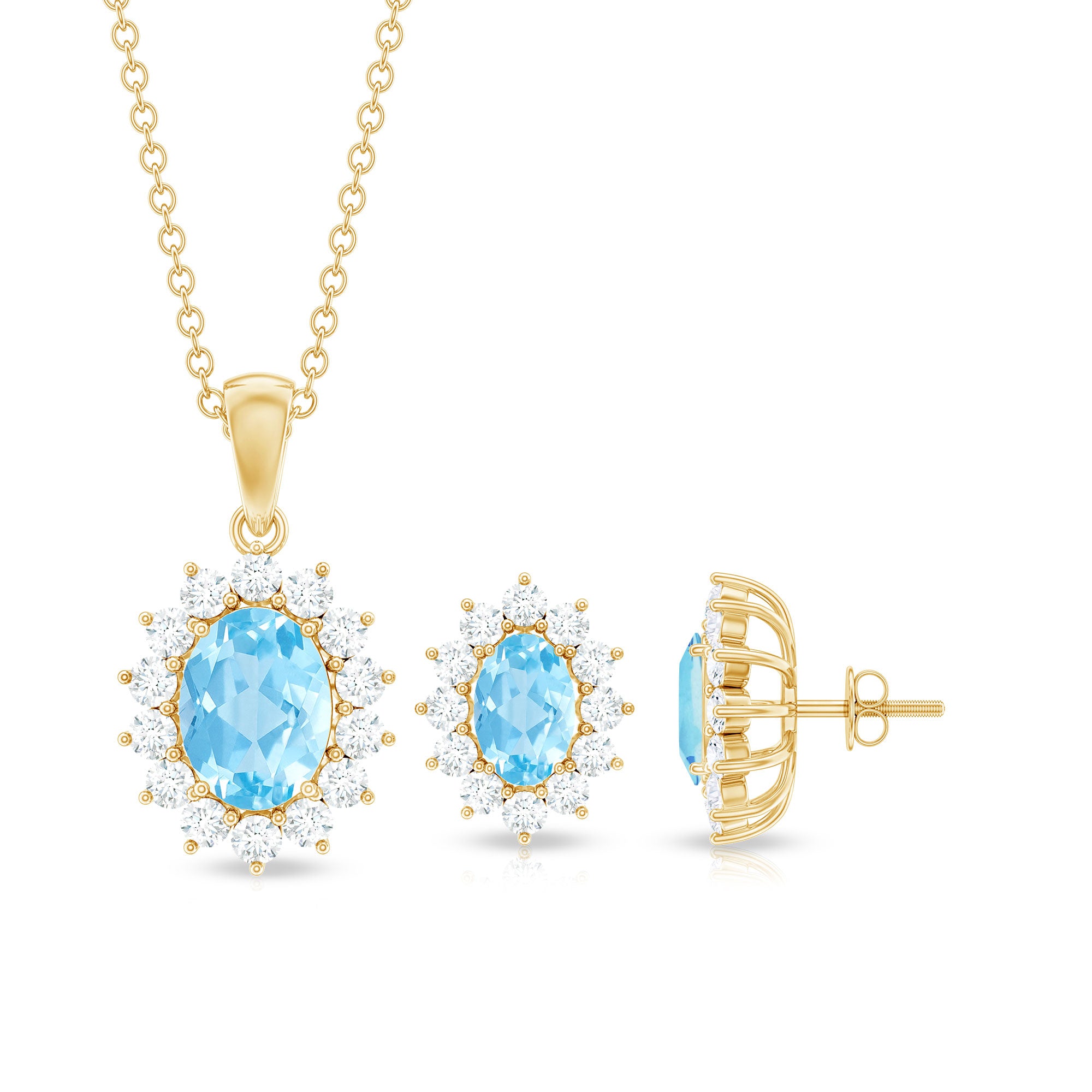 Natural 2 Carat Oval Aquamarine Necklace and Earrings Set with