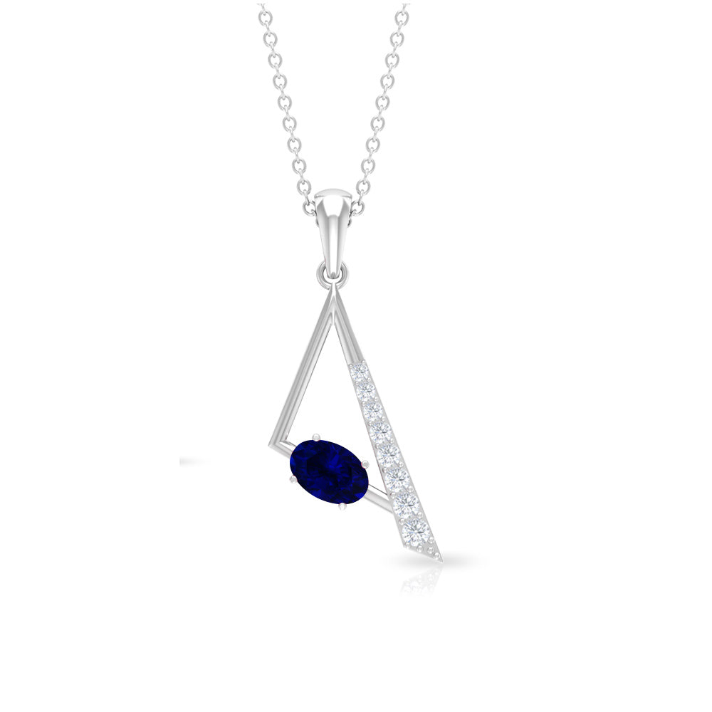 Oval Shape Created Blue Sapphire and Diamond Triangle Jewelry Set Lab Created Blue Sapphire - ( AAAA ) - Quality - Rosec Jewels