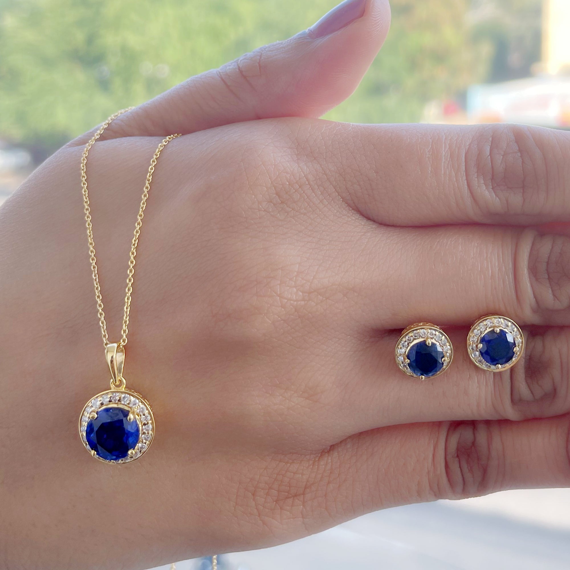 Classic Lab Grown Blue Sapphire And Moissanite Halo Bridal Jewelry Set Lab Created Blue Sapphire - ( AAAA ) - Quality - Rosec Jewels