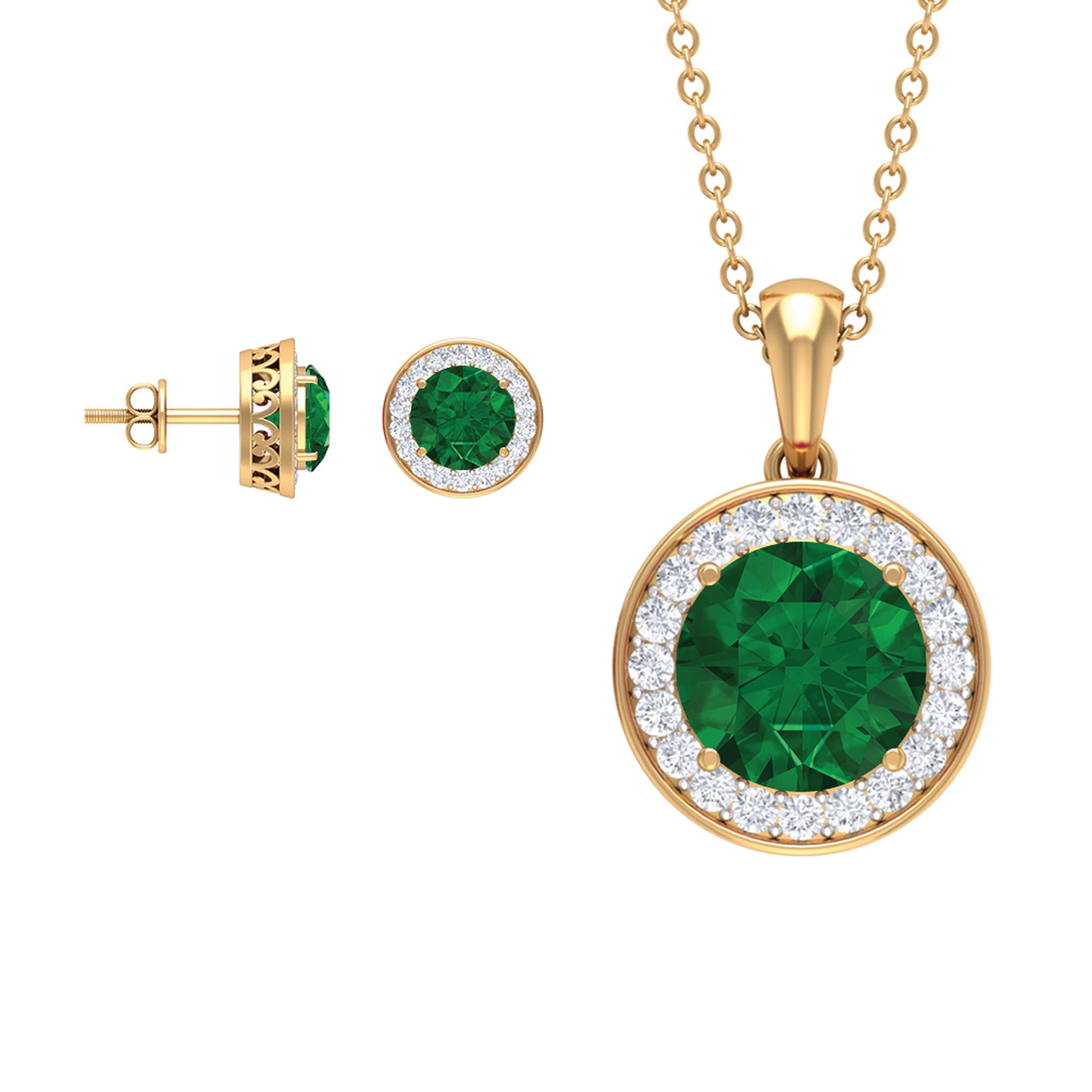 4.75 CT Classic Created Emerald Halo Jewelry Set with Zircon Lab Created Emerald - ( AAAA ) - Quality - Rosec Jewels