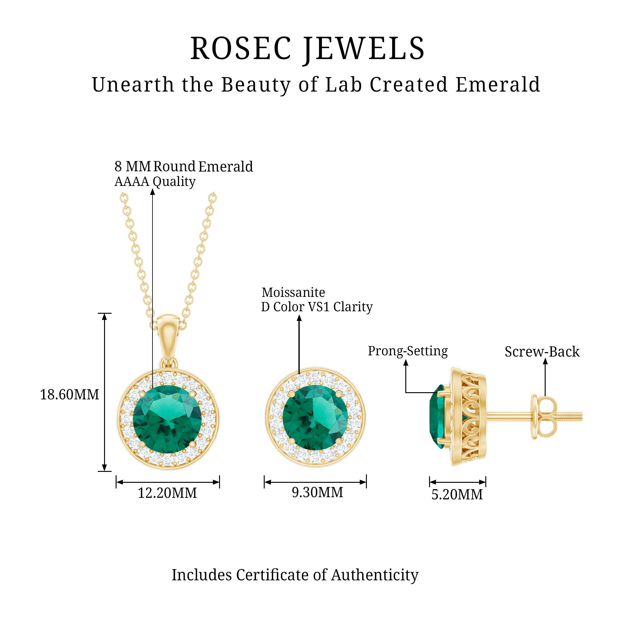 Certified Lab Grown Emerald Moissanite Bridal Jewelry Set AAAA - Rosec Jewels