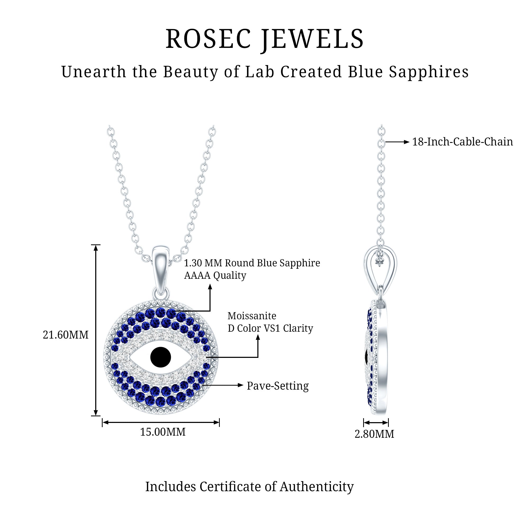 Sterling Silver Evil Eye Necklace with Blue Sapphire and Moissanite AAAA 92.5 Sterling Silver - Rosec Jewels