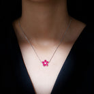 Certified Lab Grown Ruby Flower Necklace in Silver AAAA 92.5 Sterling Silver - Rosec Jewels