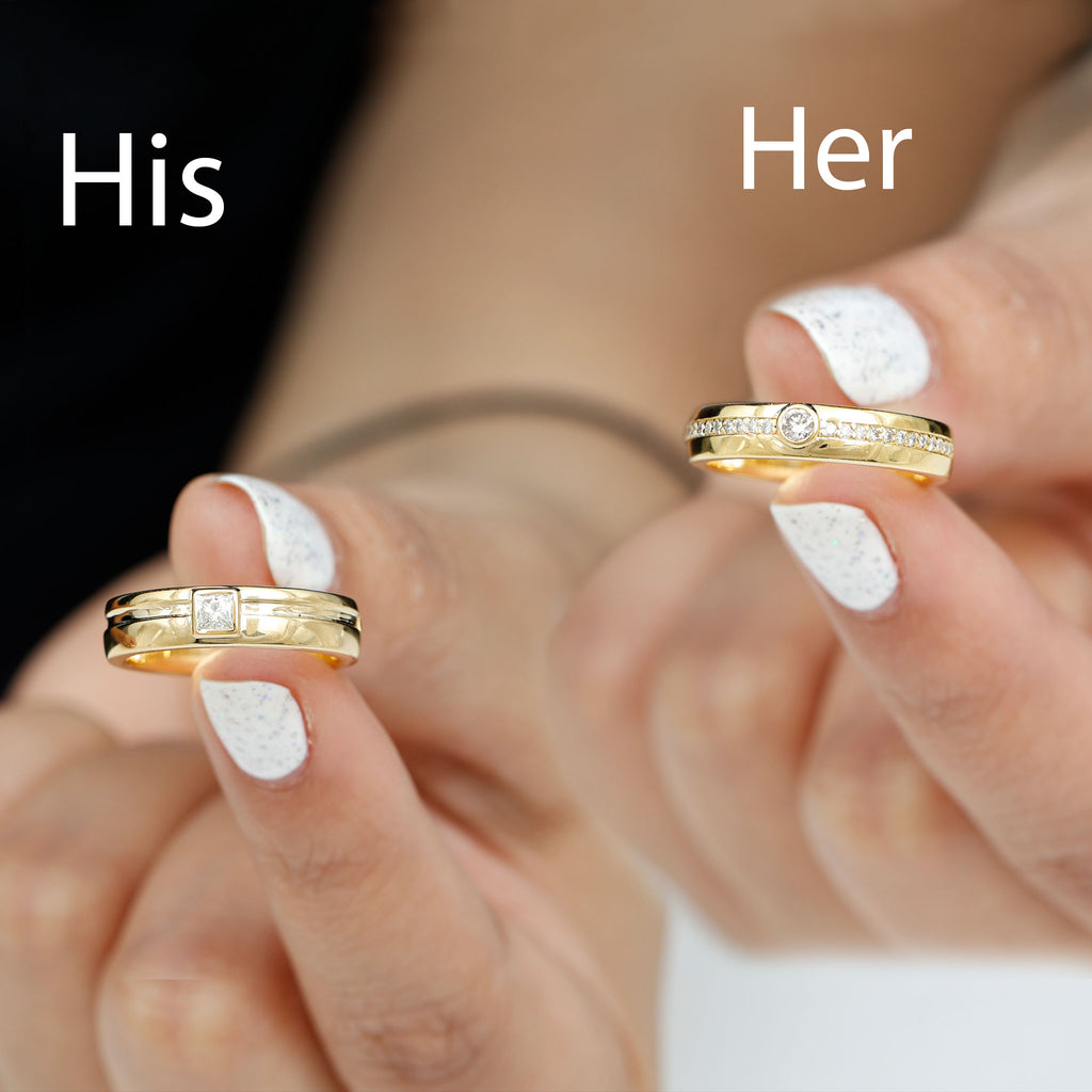 Minimal Diamond Couple Band Ring Set in Bezel Setting Diamond - ( HI-SI ) - Color and Clarity - Rosec Jewels