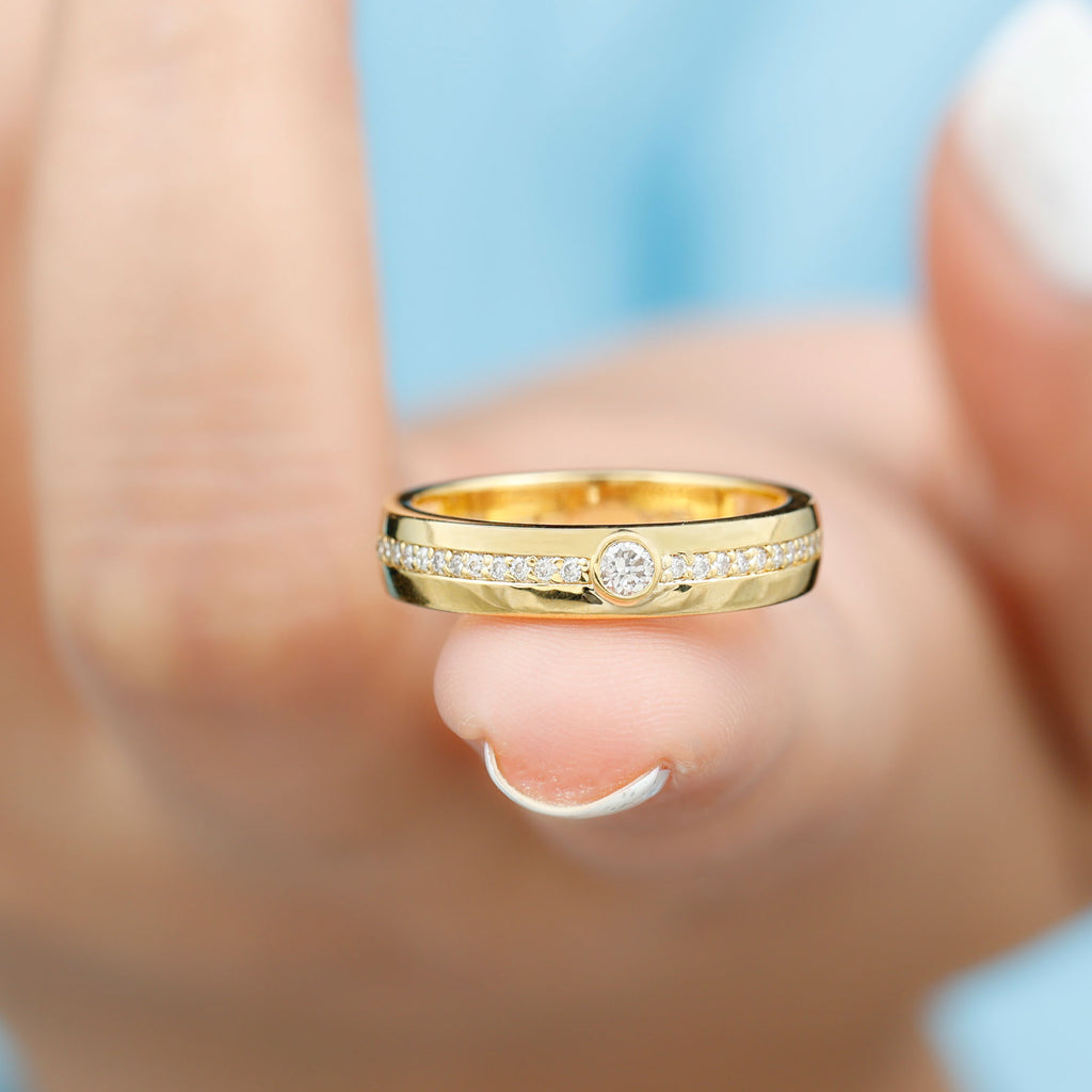 Minimal Diamond Couple Band Ring Set in Bezel Setting Diamond - ( HI-SI ) - Color and Clarity - Rosec Jewels