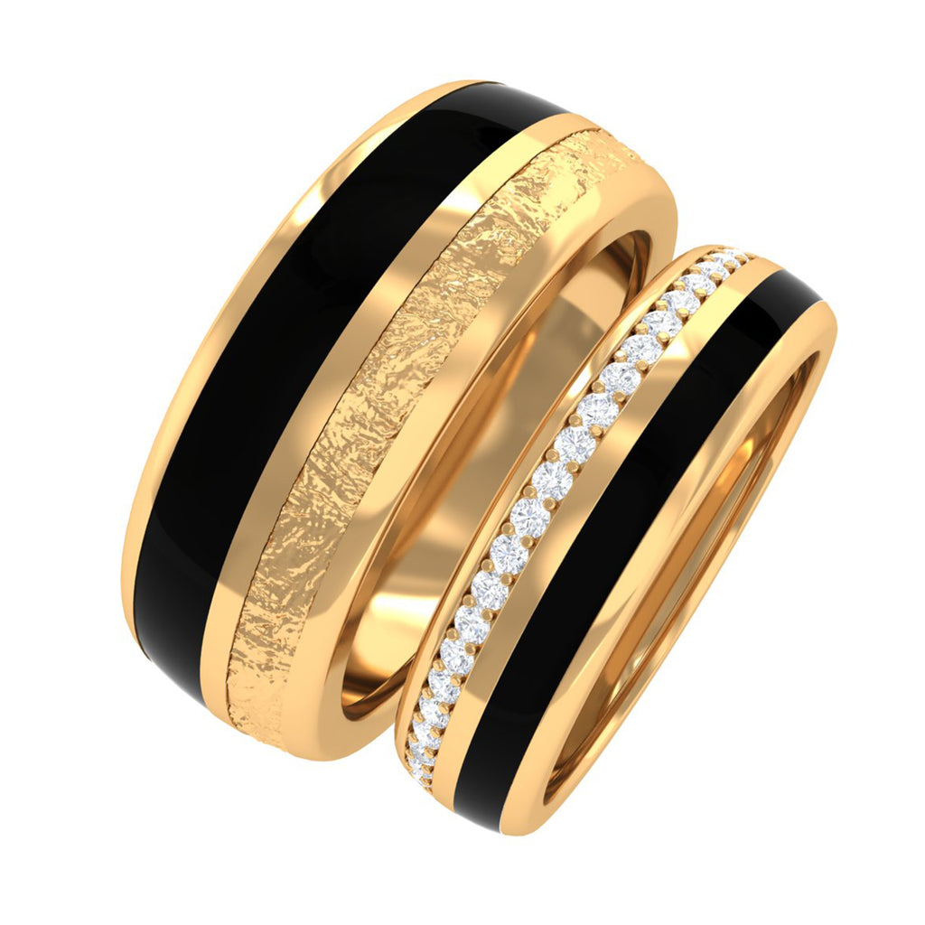 Real Diamond Couple Band Ring Set with Black Enamel Diamond - ( HI-SI ) - Color and Clarity - Rosec Jewels