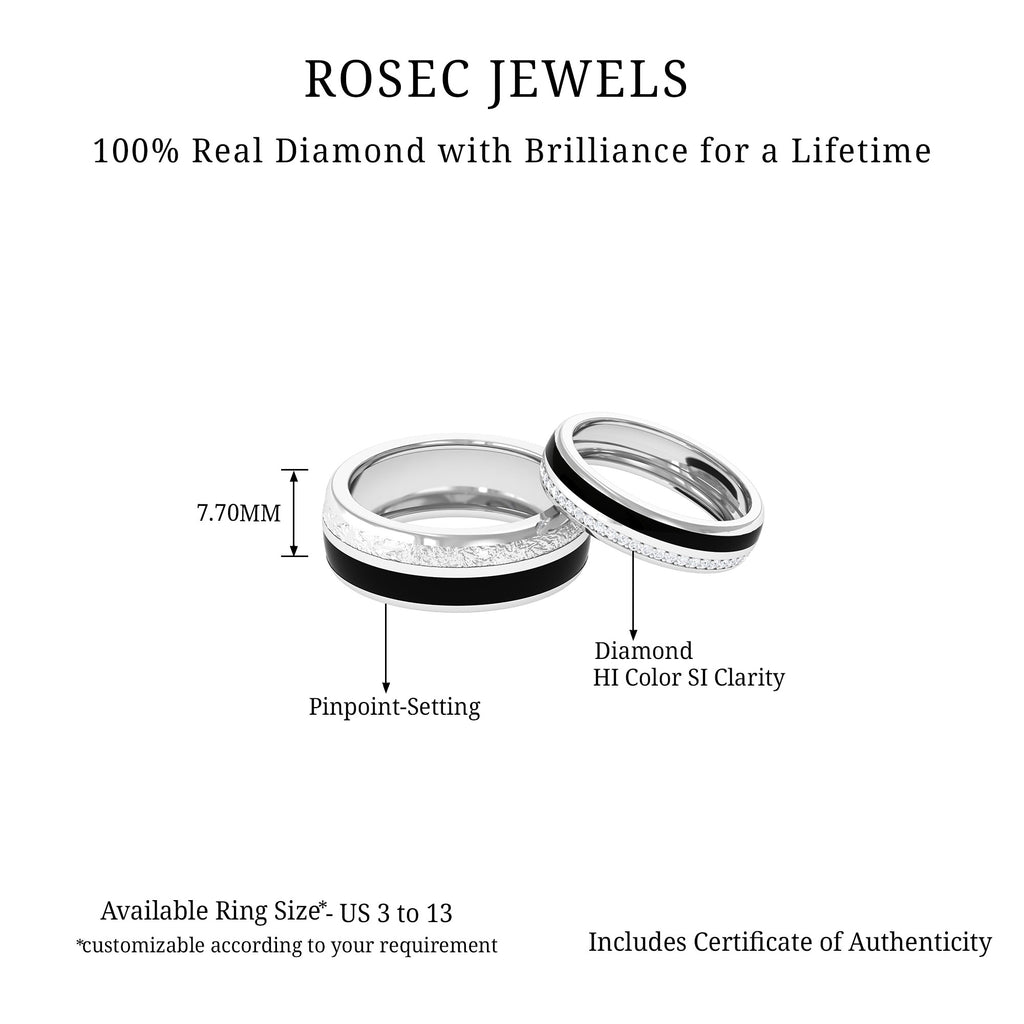 Real Diamond Couple Band Ring Set with Black Enamel Diamond - ( HI-SI ) - Color and Clarity - Rosec Jewels