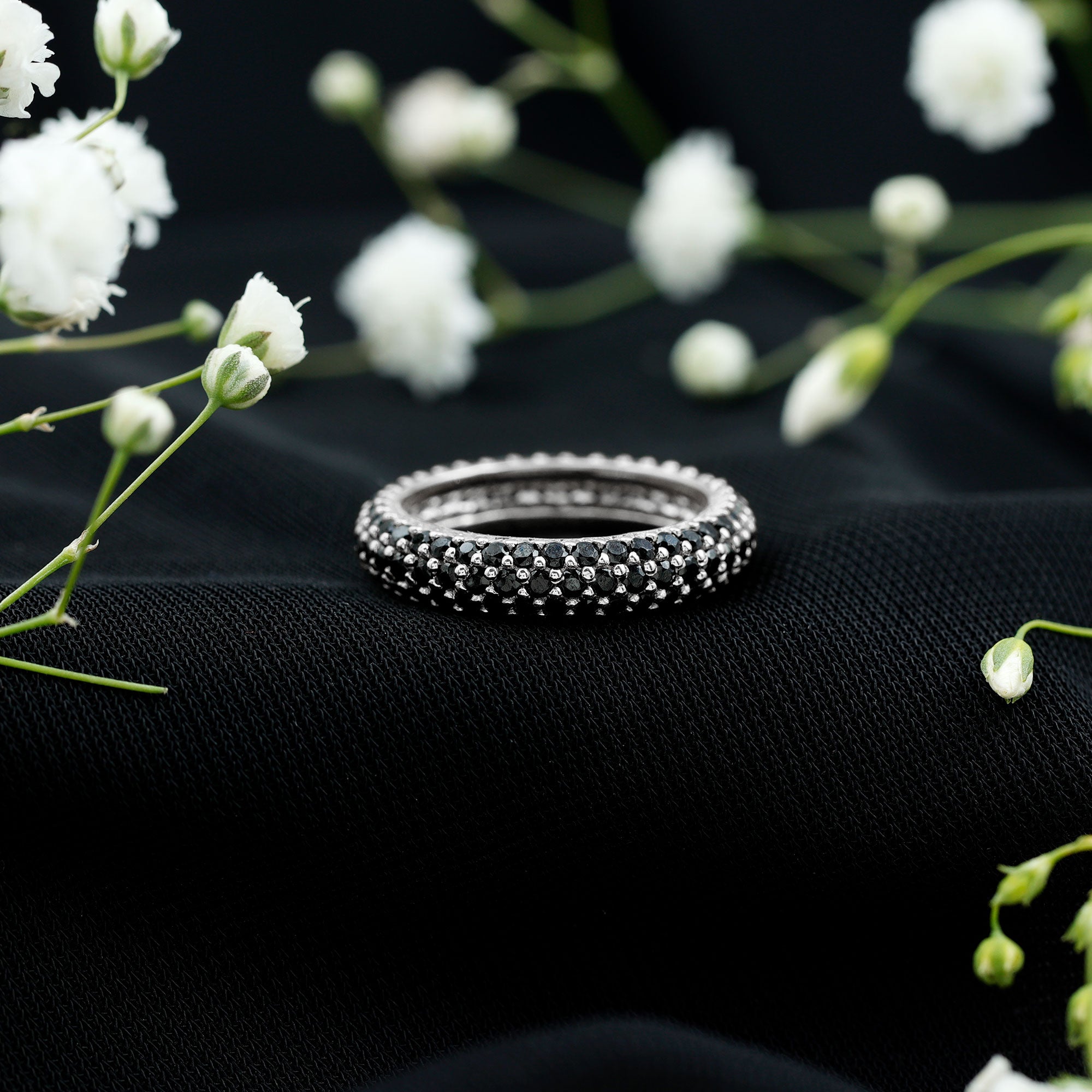 Certified Lab Grown Black Diamond 3 Row Eternity Band Ring AAAA ( Synthetic ) - Rosec Jewels