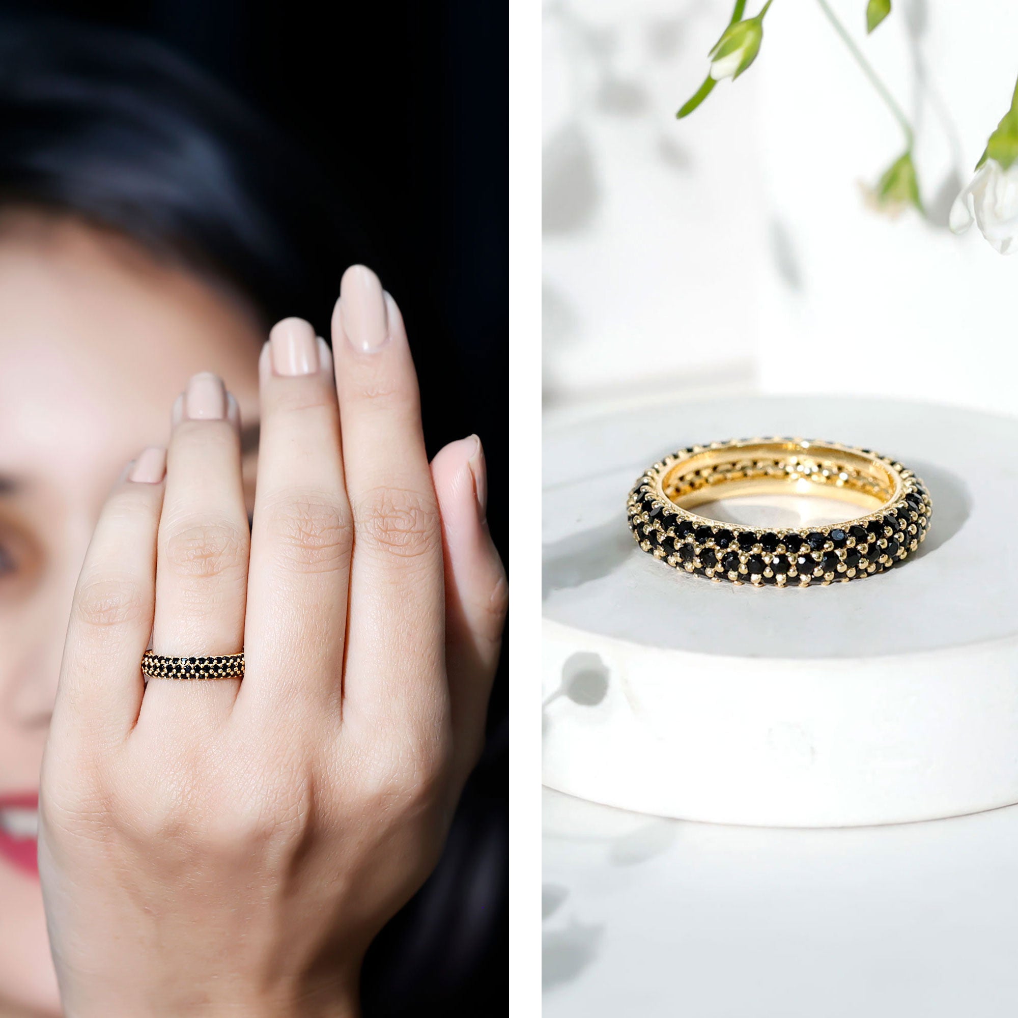 Certified Lab Grown Black Diamond 3 Row Eternity Band Ring AAAA ( Synthetic ) - Rosec Jewels