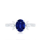 Certified 1.5 Carat Oval Lab Grown Blue Sapphire Engagement Ring with Diamond Trio AAAA - Rosec Jewels